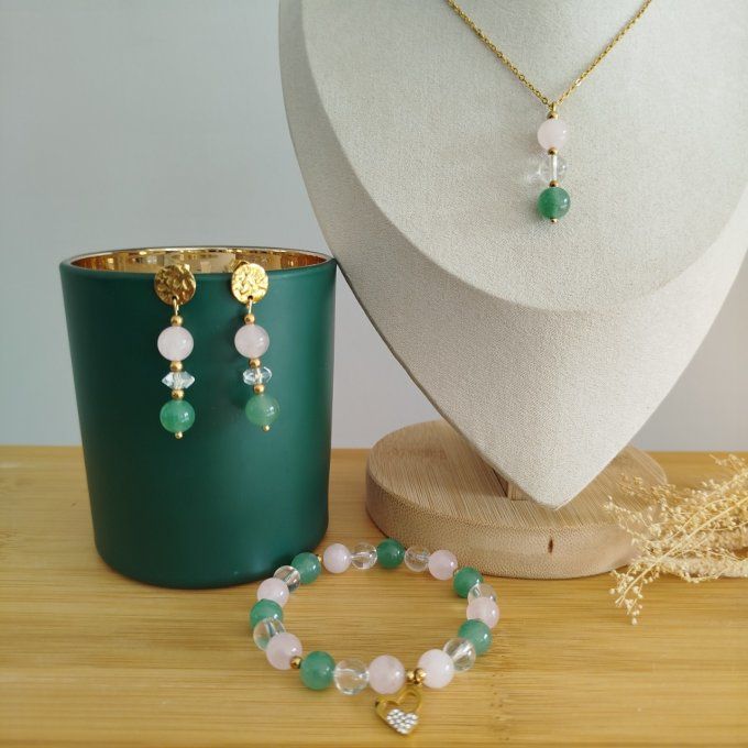Collection fête des mères Quartz rose , cristal de roche et aventurine verte