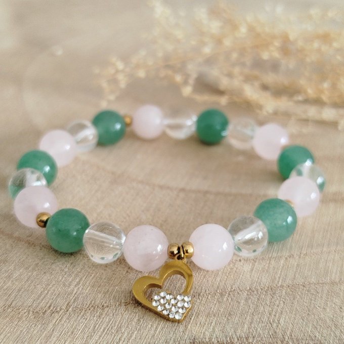Bracelet fête des mères Quartz rose , cristal de roche et aventurine verte