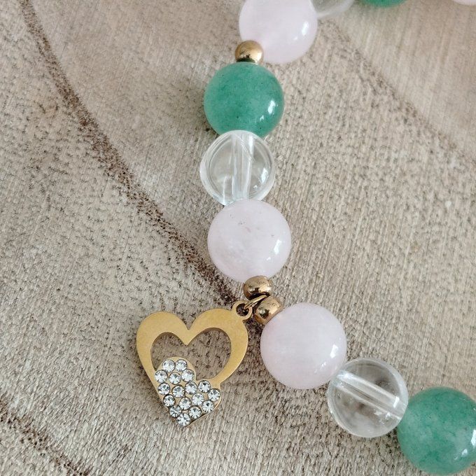 Bracelet fête des mères Quartz rose , cristal de roche et aventurine verte