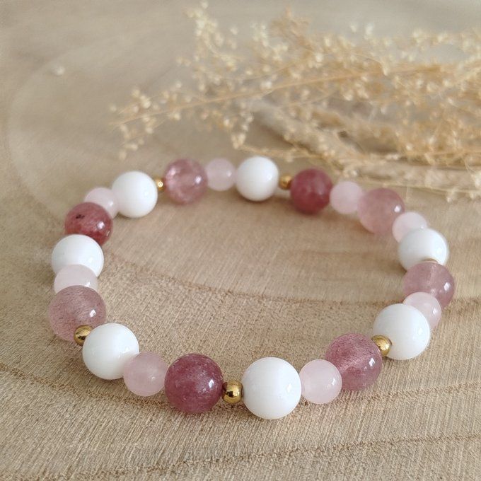 Bracelet fête des mères quartz fraise, quartz rose et agate blanche