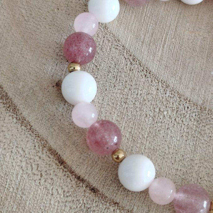 Bracelet fête des mères quartz fraise, quartz rose et agate blanche