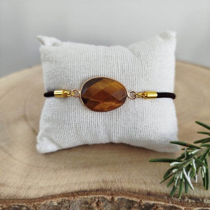 Bracelet cordon pierre à facette œil de tigre 