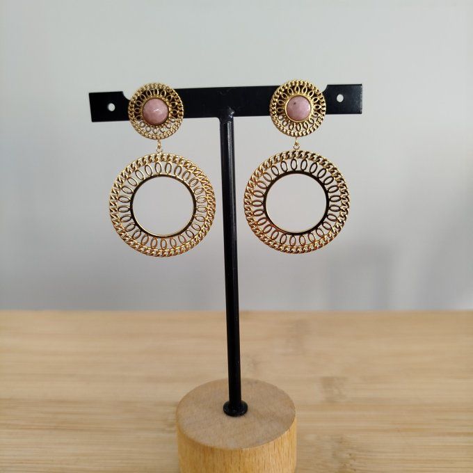 Boucle d'oreille rhodonite et acier inoxydable