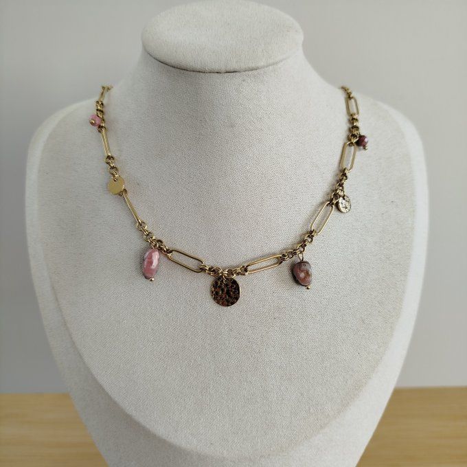 Collier rhodonite et acier inoxydable 