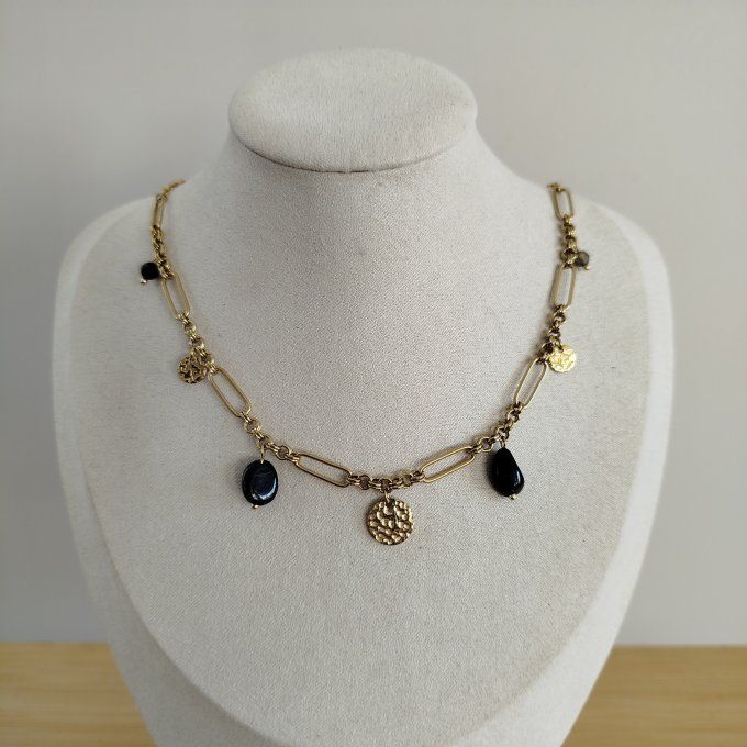 Collier agate noire et acier inoxydable