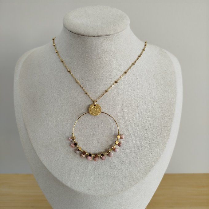 Collier rhodonite et acier inoxydable