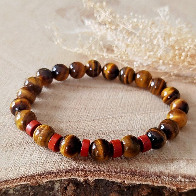 Bracelet homme Œil de tigre et jaspe rouge