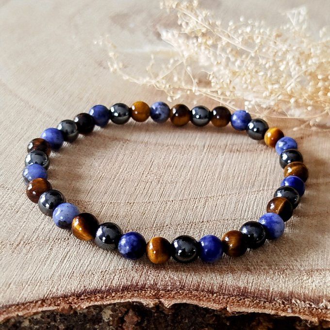Bracelet homme Œil de tigre, hématite et sodalite