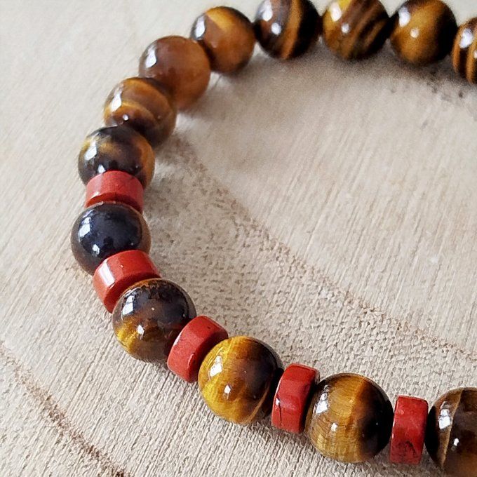 Bracelet homme Œil de tigre et jaspe rouge