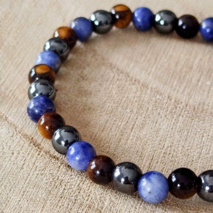 Bracelet homme Œil de tigre, hématite et sodalite