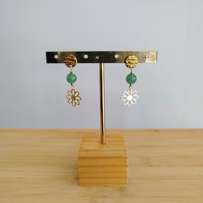 Boucle d'oreille acier inoxydable et aventurine verte