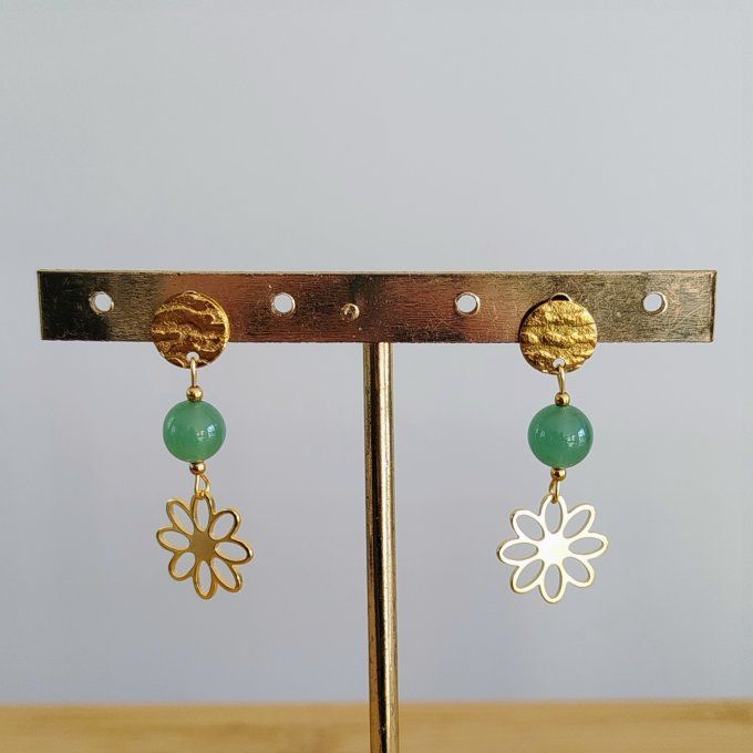 Boucle d'oreille acier inoxydable et aventurine verte