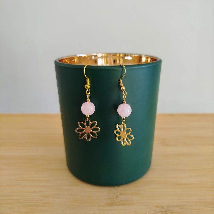 Boucle d'oreille acier inoxydable et quartz rose