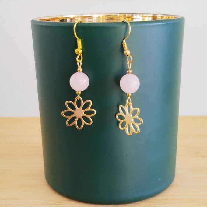 Boucle d'oreille acier inoxydable et quartz rose