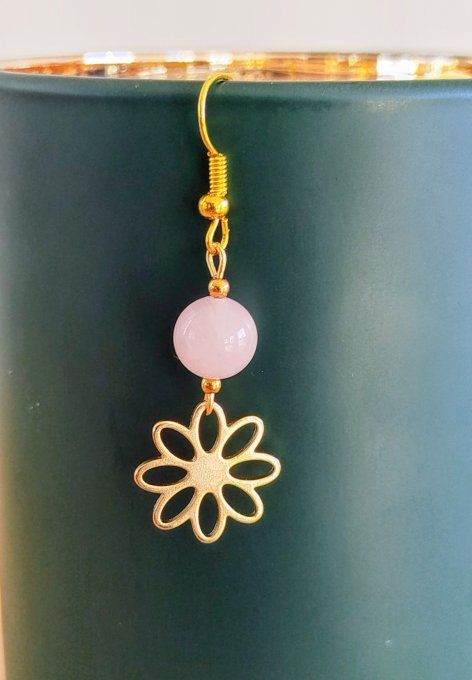 Boucle d'oreille acier inoxydable et quartz rose