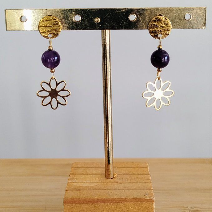 Boucle d'oreille acier inoxydable et améthyste