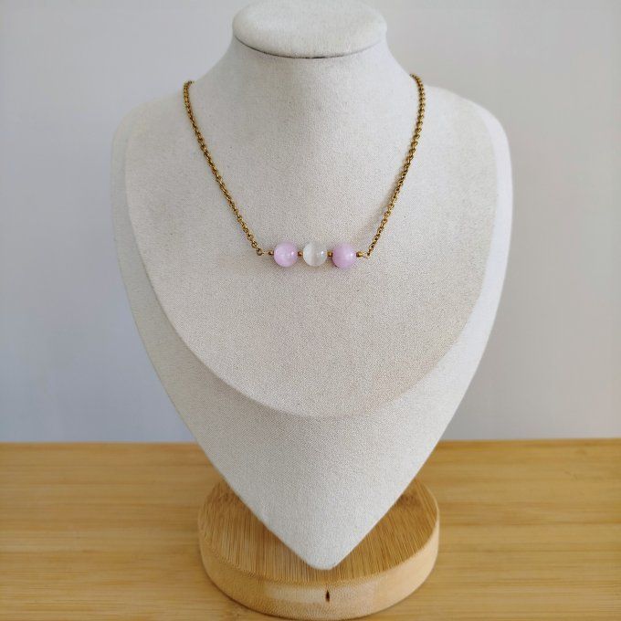 Collier avec pierre kunzite et sélénite en 8mm