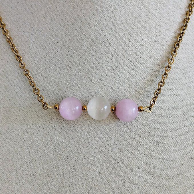 Collier avec pierre kunzite et sélénite en 8mm