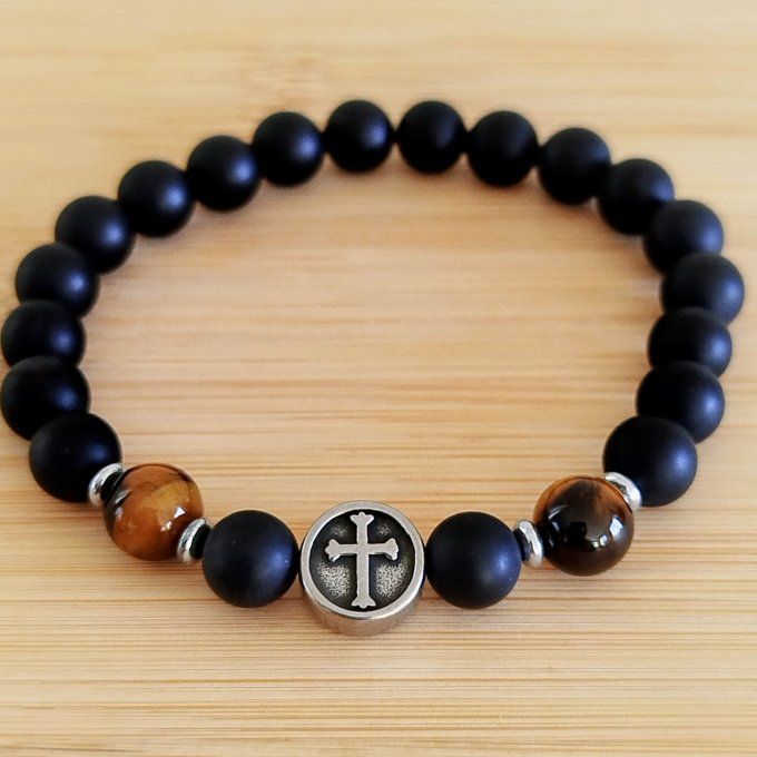 Bracelet homme Œil de tigre et Agate noire, croix acier inoxydable