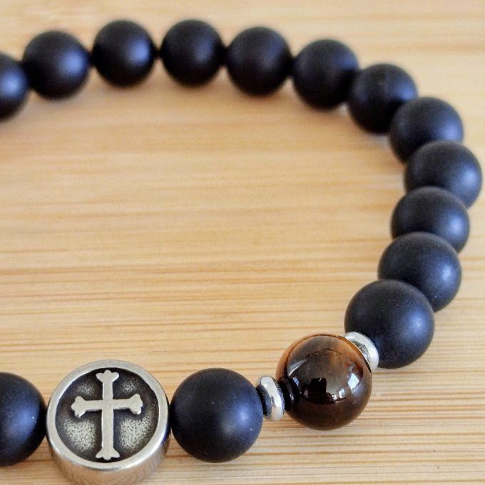 Bracelet homme Œil de tigre et Agate noire, croix acier inoxydable