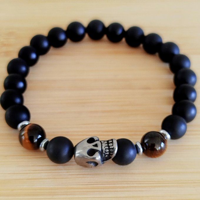 Bracelet homme Œil de tigre et Agate noire, tête de mort acier inoxydable