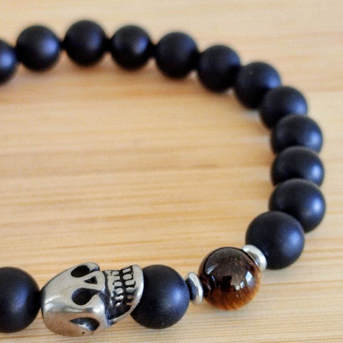 Bracelet homme Œil de tigre et Agate noire, tête de mort acier inoxydable